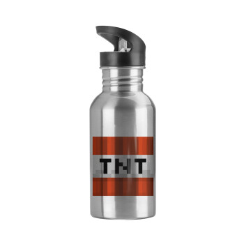 Minecraft TNT, Water bottle Silver with straw, stainless steel 600ml