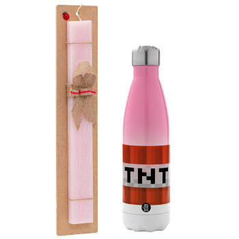 Minecraft TNT, Easter Set, Metallic pink/white (Stainless steel) thermos, double-walled, 500ml & aromatic flat Easter candle (30cm) (PINK)