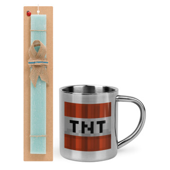 Minecraft TNT, Easter Set, metallic thermal cup (300ml) & aromatic flat Easter candle (30cm) (TURQUOISE)