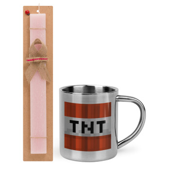 Minecraft TNT, Easter Set, metallic thermal cup (300ml) & aromatic flat Easter candle (30cm) (PINK)