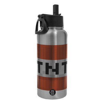 Minecraft TNT, Metal mug thermo Silver with Straw and Spout Lid (Stainless steel), double wall, 950ml