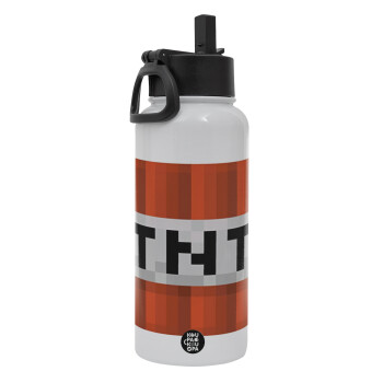 Minecraft TNT, Metal mug thermo White with Straw and Spout Lid (Stainless steel), double wall, 950ml