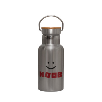 NOOB, Stainless steel metallic thermos flask, silver with a bamboo lid, double-walled, 350ml.