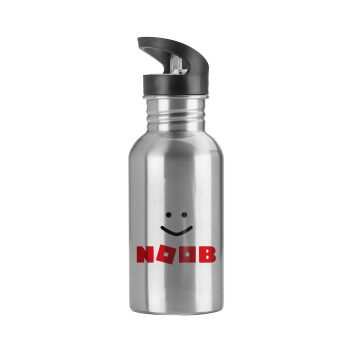 NOOB, Water bottle Silver with straw, stainless steel 600ml