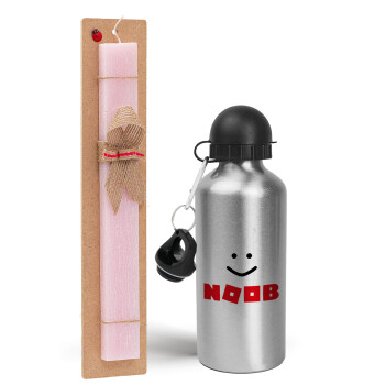 NOOB, Easter Set, metallic Silver aluminum water bottle (500ml) & scented flat Easter candle (30cm) (PINK)