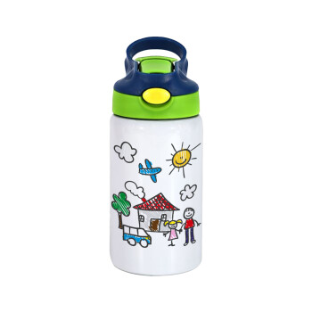 Children's drawing, Children's hot water bottle, stainless steel, with safety straw, green, blue (350ml)