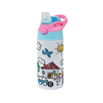 Children's drawing, Children's hot water bottle, stainless steel, with safety straw, Pink/BlueCiel (360ml) BPA FREE