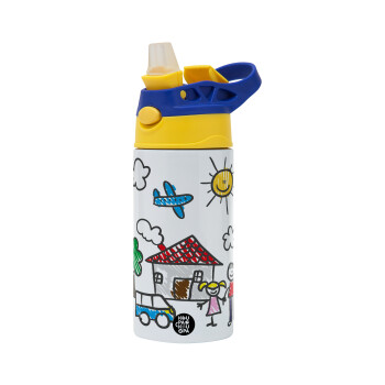 Children's drawing, Children's hot water bottle, stainless steel, with safety straw, green, blue (360ml) BPA FREE