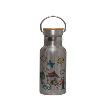 Children's drawing, Stainless steel metallic thermos flask, silver with a bamboo lid, double-walled, 350ml.