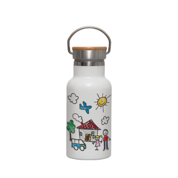 Children's drawing, Metallic thermos (Stainless steel) White with wooden lid (bamboo), double-walled, 350ml