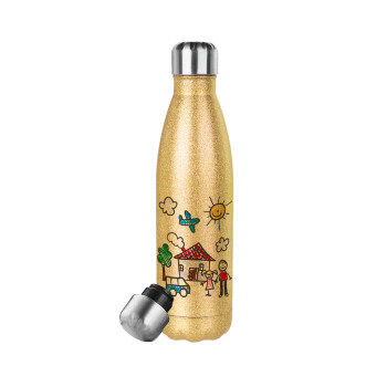 Children's drawing, Glitter gold stainless steel thermos bottle, double-walled, 500ml