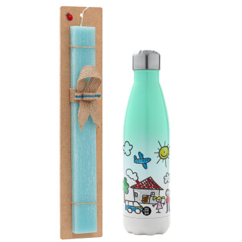 Children's drawing, Easter Set, Metallic green/white thermos (Stainless steel), double-walled, 500ml & scented flat Easter candle (30cm) (TURQUOISE)