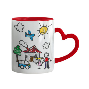 Children's drawing, Mug heart red handle, ceramic, 330ml