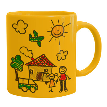 Children's drawing, Ceramic coffee mug yellow, 330ml (1pcs)