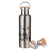 Stainless steel Silver with wooden lid (bamboo), double wall, 750ml