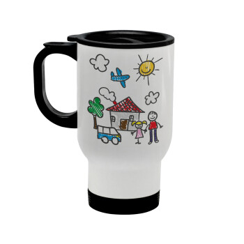 Children's drawing, Stainless steel travel mug with lid, double wall white 450ml