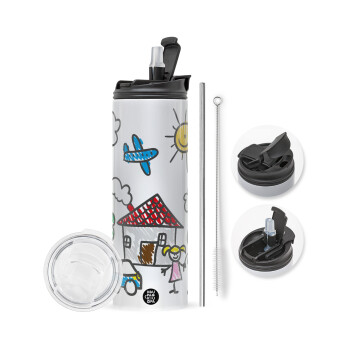 Παιδική ζωγραφιά, Travel Tumbler θερμό με διπλό καπάκι, μεταλλικό καλαμάκι και βούρτσα καθαρισμού (Ανωξείδωτο 304 Food grade, BPA free, 600ml)