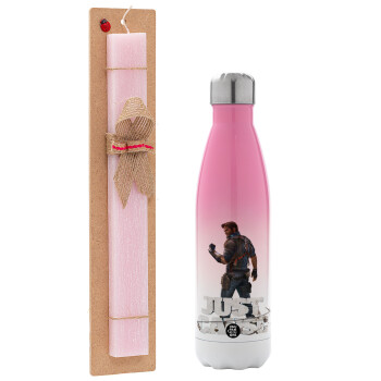 Just Gause, Easter Set, Metallic pink/white (Stainless steel) thermos, double-walled, 500ml & aromatic flat Easter candle (30cm) (PINK)