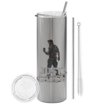 Just Gause, Eco friendly stainless steel Silver tumbler 600ml, with metal straw & cleaning brush