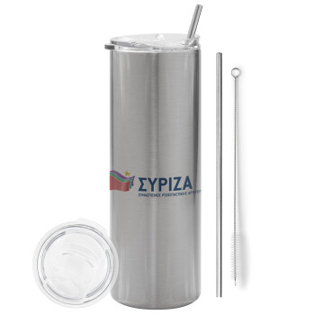 Σύριζα, Eco friendly ποτήρι θερμό Ασημένιο (tumbler) από ανοξείδωτο ατσάλι 600ml, με μεταλλικό καλαμάκι & βούρτσα καθαρισμού