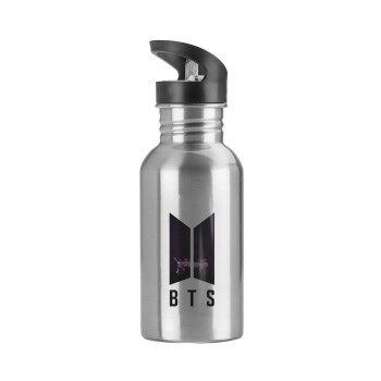 BTS, Water bottle Silver with straw, stainless steel 600ml