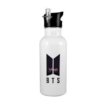 BTS, White water bottle with straw, stainless steel 600ml