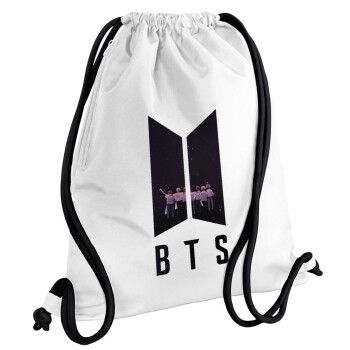 BTS, Backpack pouch GYMBAG white, with pocket (40x48cm) & thick cords