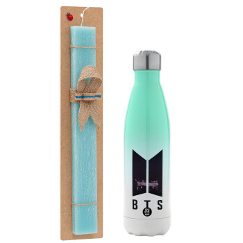 BTS, Easter Set, Metallic green/white thermos (Stainless steel), double-walled, 500ml & scented flat Easter candle (30cm) (TURQUOISE)