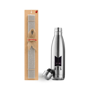 BTS, Easter Set, metallic stainless thermos flask (500ml) & scented flat Easter candle (30cm) (GRAY)