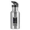 Water bottle Silver with straw, stainless steel 600ml