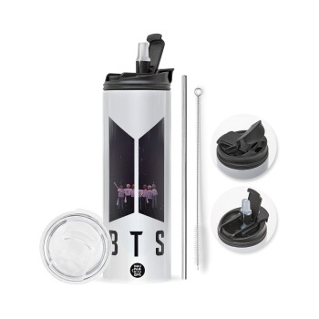 BTS, Travel Tumbler θερμό με διπλό καπάκι, μεταλλικό καλαμάκι και βούρτσα καθαρισμού (Ανωξείδωτο 304 Food grade, BPA free, 600ml)