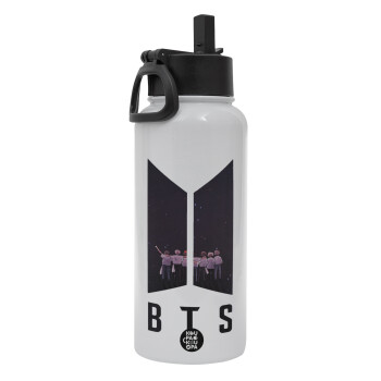 BTS, Metal mug thermo White with Straw and Spout Lid (Stainless steel), double wall, 950ml