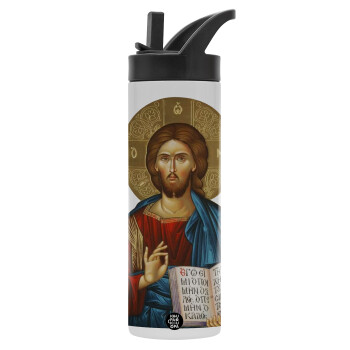 Jesus, Metallic thermos bottle with straw & handle, stainless steel (Stainless steel 304), double-walled, 600ml.