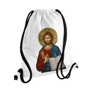 Jesus, Τσάντα πλάτης πουγκί GYMBAG λευκή, με τσέπη (40x48cm) & χονδρά κορδόνια