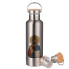 Stainless steel Silver with wooden lid (bamboo), double wall, 750ml