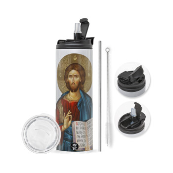 Jesus, Travel Tumbler 2 Lids, with metal straw & cleaning brush (Stainless steel 304 Food grade, BPA free, 600ml)