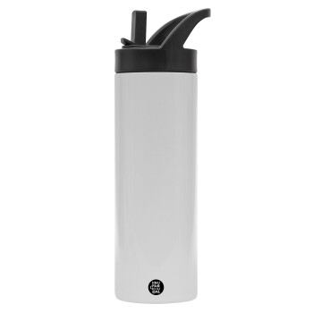 BLANK, Metallic thermos bottle with straw & handle, stainless steel (Stainless steel 304), double-walled, 600ml.