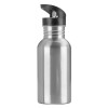 Water bottle Silver with straw, stainless steel 600ml