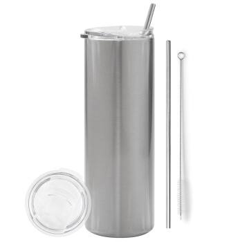 BLANK, Eco friendly ποτήρι θερμό Ασημένιο (tumbler) από ανοξείδωτο ατσάλι 600ml, με μεταλλικό καλαμάκι & βούρτσα καθαρισμού