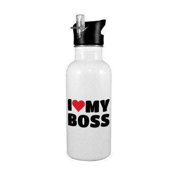 I LOVE MY BOSS, White water bottle with straw, stainless steel 600ml