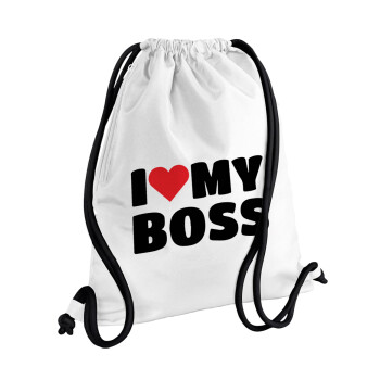 I LOVE MY BOSS, Τσάντα πλάτης πουγκί GYMBAG λευκή, με τσέπη (40x48cm) & χονδρά κορδόνια