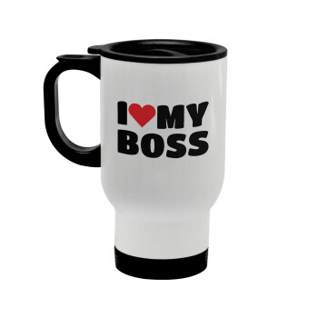 I LOVE MY BOSS, Stainless steel travel mug with lid, double wall white 450ml