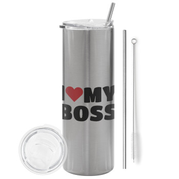 I LOVE MY BOSS, Tumbler stainless steel Silver 600ml, with metal straw & cleaning brush