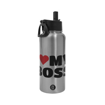 I LOVE MY BOSS, Metal mug thermo Silver with Straw and Spout Lid (Stainless steel), double wall, 950ml