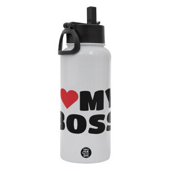 I LOVE MY BOSS, Metal mug thermo White with Straw and Spout Lid (Stainless steel), double wall, 950ml