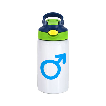 MALE, Children's hot water bottle, stainless steel, with safety straw, green, blue (350ml)