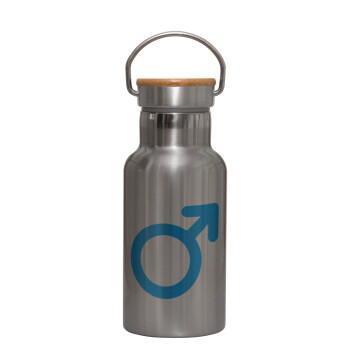 MALE, Stainless steel metallic thermos flask, silver with a bamboo lid, double-walled, 350ml.