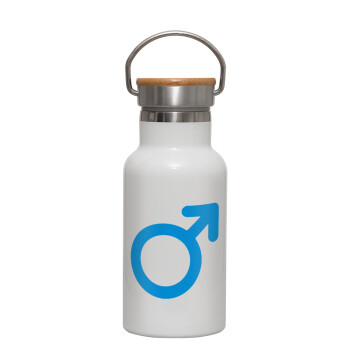 MALE, Metallic thermos (Stainless steel) White with wooden lid (bamboo), double-walled, 350ml