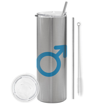 MALE, Eco friendly ποτήρι θερμό Ασημένιο (tumbler) από ανοξείδωτο ατσάλι 600ml, με μεταλλικό καλαμάκι & βούρτσα καθαρισμού