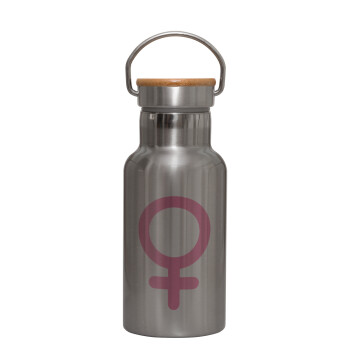 FEMALE, Stainless steel metallic thermos flask, silver with a bamboo lid, double-walled, 350ml.